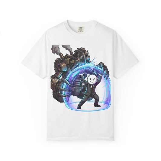 Shielded Hero T-Shirt — Cute Masked Defender with Steam Engine Barrier