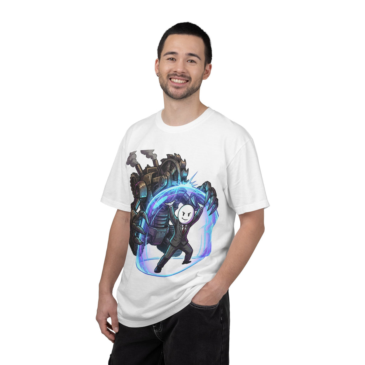 Shielded Hero T-Shirt — Cute Masked Defender with Steam Engine Barrier