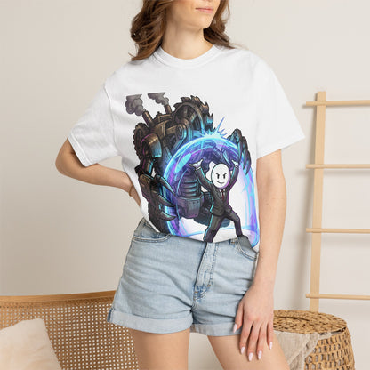 Shielded Hero T-Shirt — Cute Masked Defender with Steam Engine Barrier