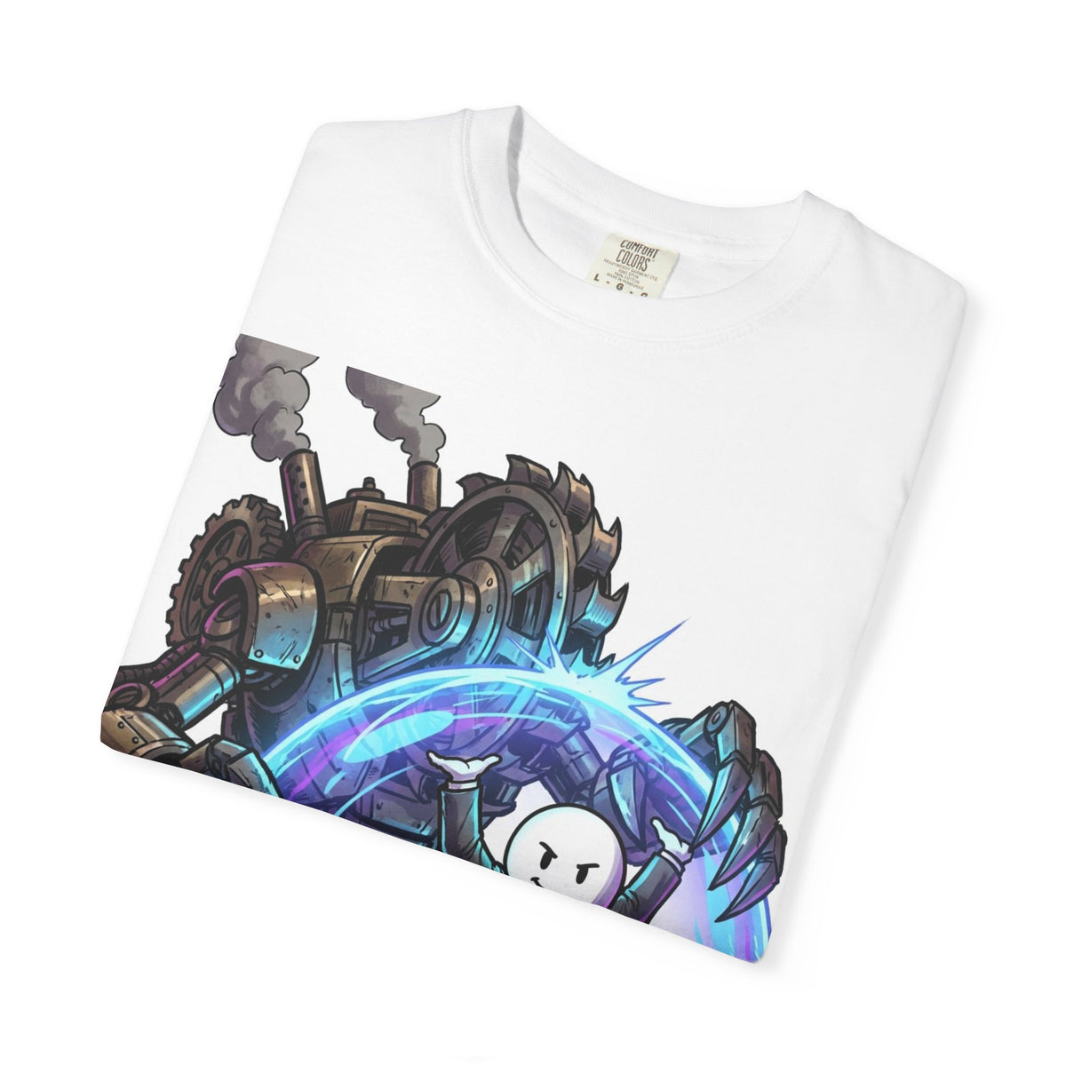 Shielded Hero T-Shirt — Cute Masked Defender with Steam Engine Barrier