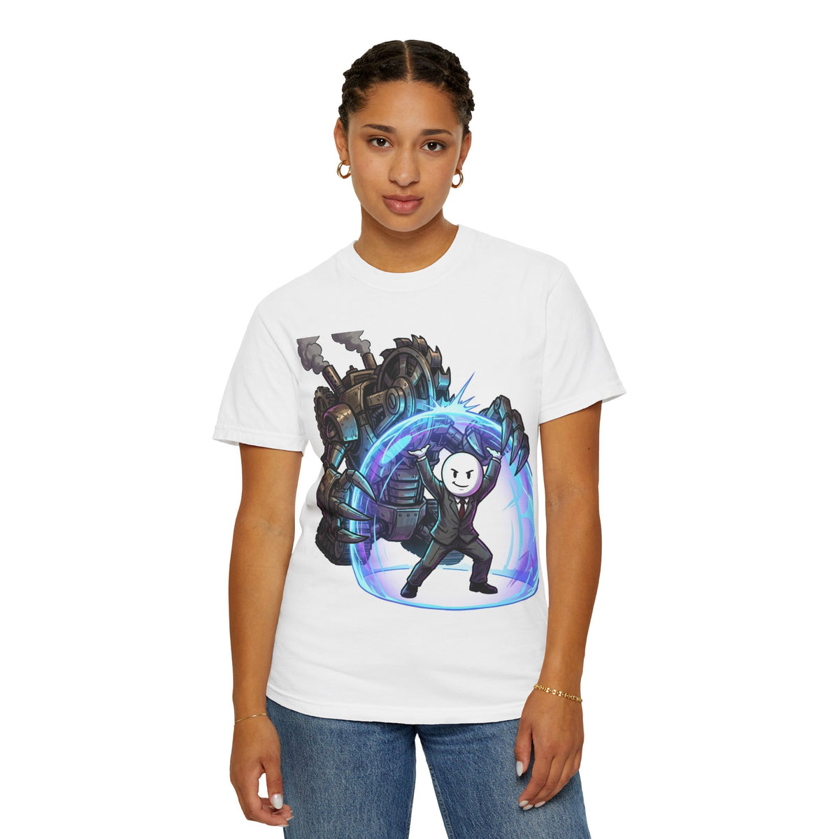 Shielded Hero T-Shirt — Cute Masked Defender with Steam Engine Barrier